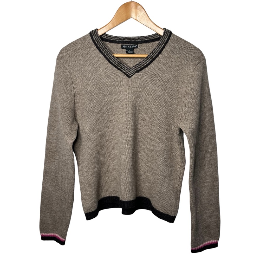 Alexandra Barlett 100% Wool Brown Pink Houndstooth Elbow Patch V Neck Sweater